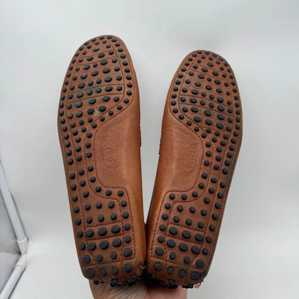 Tods Gommino Driving Loafers Men 8 Tan Brown Pebbled Leather T-Bar Made in Italy